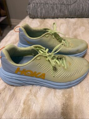 Hoka Neutral-Stride Trainers in Lime Green & Sky Blue with Yellow Logo